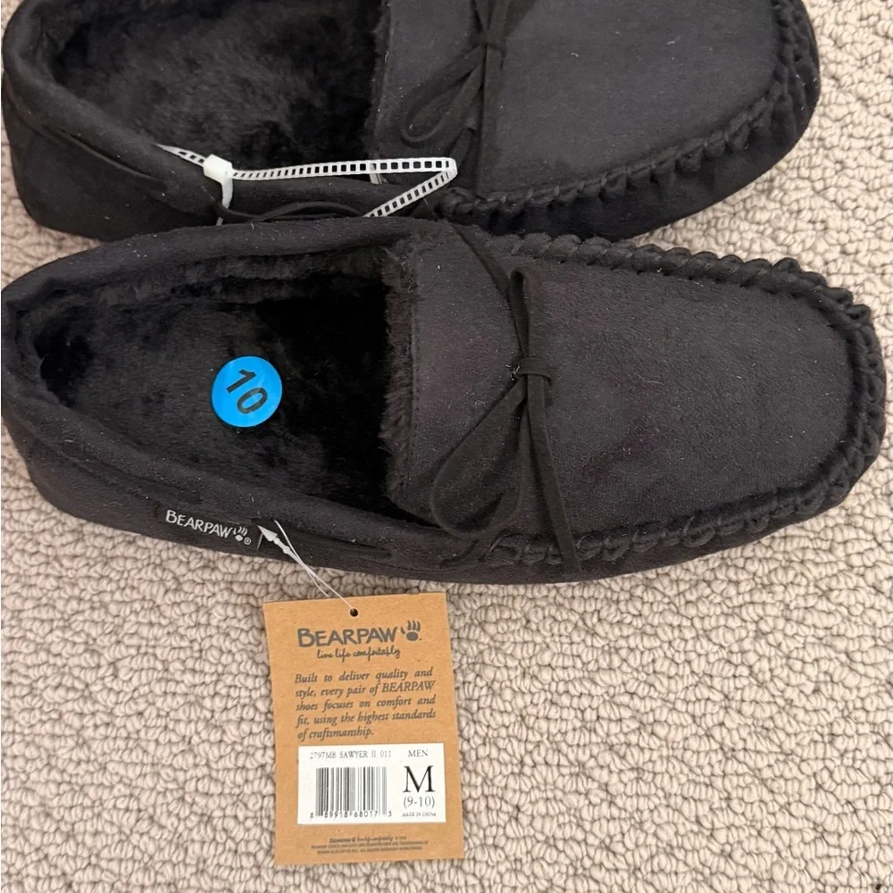 NWT BearPaw Black Moccasin Slippers for Men Size M( 9-10)